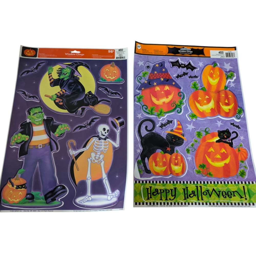 Vintage Impact Halloween Window Clings 2 Sheets Frankenstein Witch Pumpkin Cat